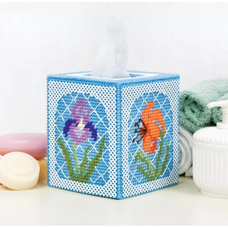 DAISIES ON BLUE TISSUE BOX COVER HOME DECOR PLASTIC CANVAS PATTERN  INSTRUCTIONS