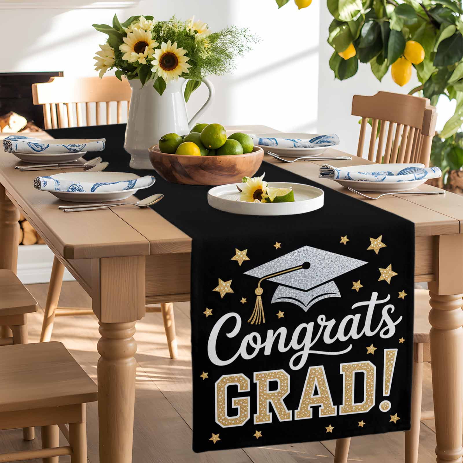 Graduation Hat Table Runner, Yellow Star Black Background Graduate Kitchen Table Runners Dress Scarves for Table Decorations Party/Restaurant/Indoor Outdoor Use, 13x90in