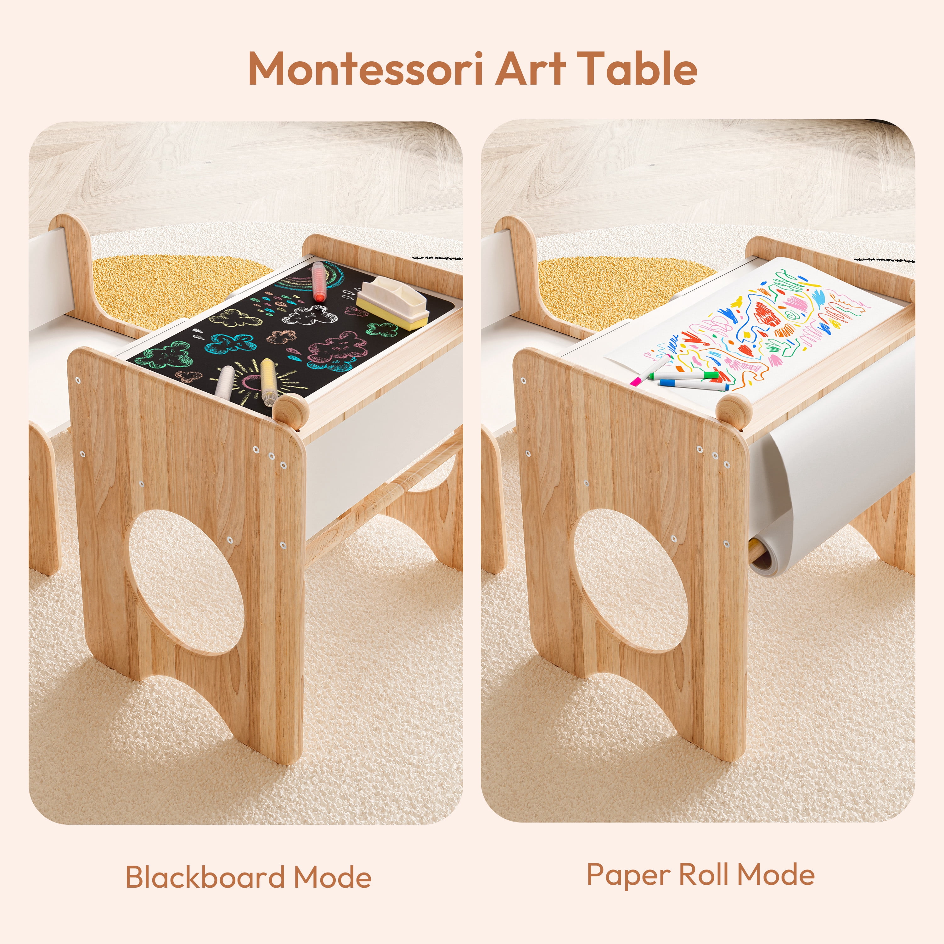 Woodtoe Kids Table and Chair Set with Storage & Chalkboard, Height Adjustable Toddler Chair, Montessori Art Table and Chair Set, Natural Wooden Activity Table, Drawing Dinner Desk for Baby Toddler 1+