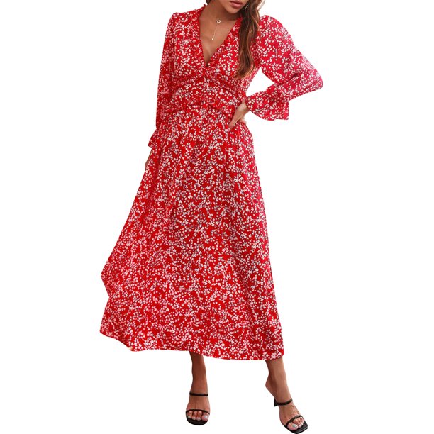 Moda mujer vestido con estampado floral con cuello en V manga larga manga acampanada Eccomum Grande