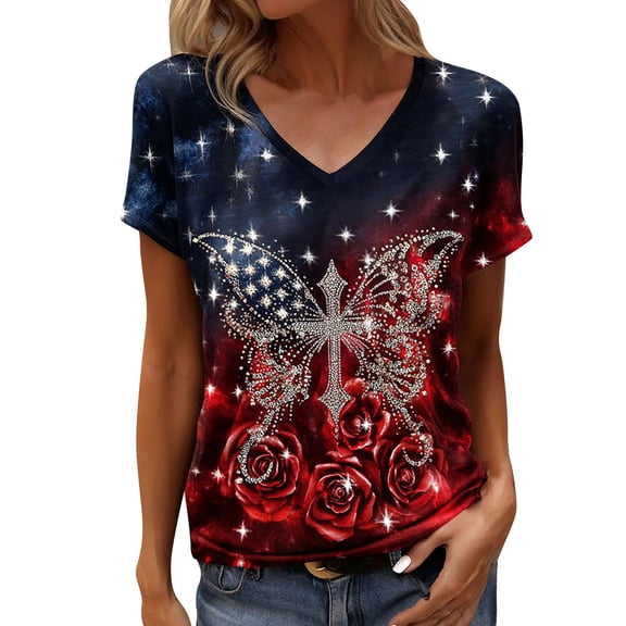 MEICHEN Women's V Neck Butterfly & Rose Print T Shirt Patriotic Glitter Graphic Casual Top