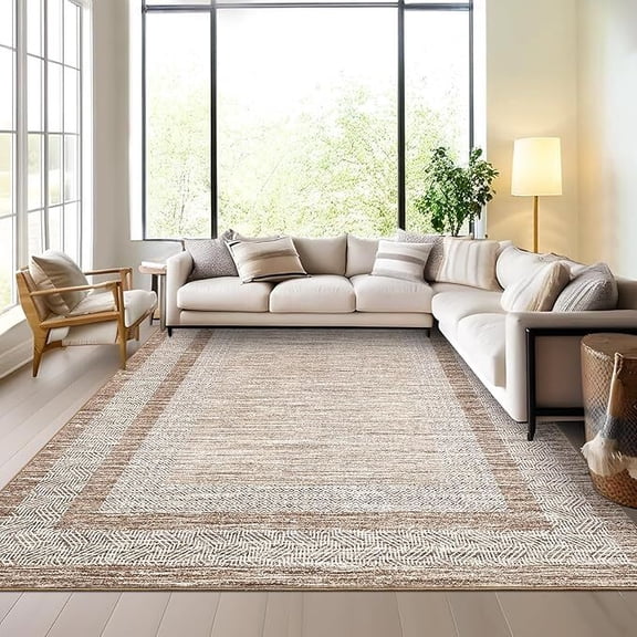 Modern Area Rug 5x7 Washable Rug for Living Rooms, Soft Non Shedding Faux Wool Floor Covering, Low Pile Thin Foldable Mat , Brown