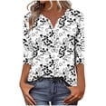 thumbnail image 2 of Uootdi Floral Print Graphic 3/4 Sleeve T Shirts Womens Summer Tops Colorblock V-Neck Button Down Casual Tops for Women Vintage Dressy Loose Fit Trendy Outfits Gift, 2 of 6