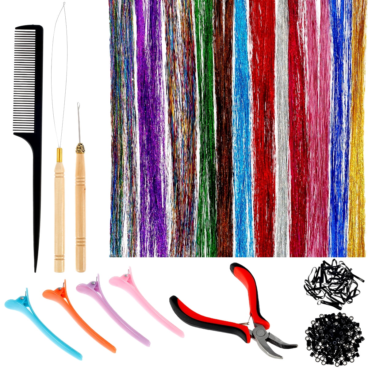 AoHao Hair Tinsel Kit with Tools 12 Colors Glitter Hair Extensions ...