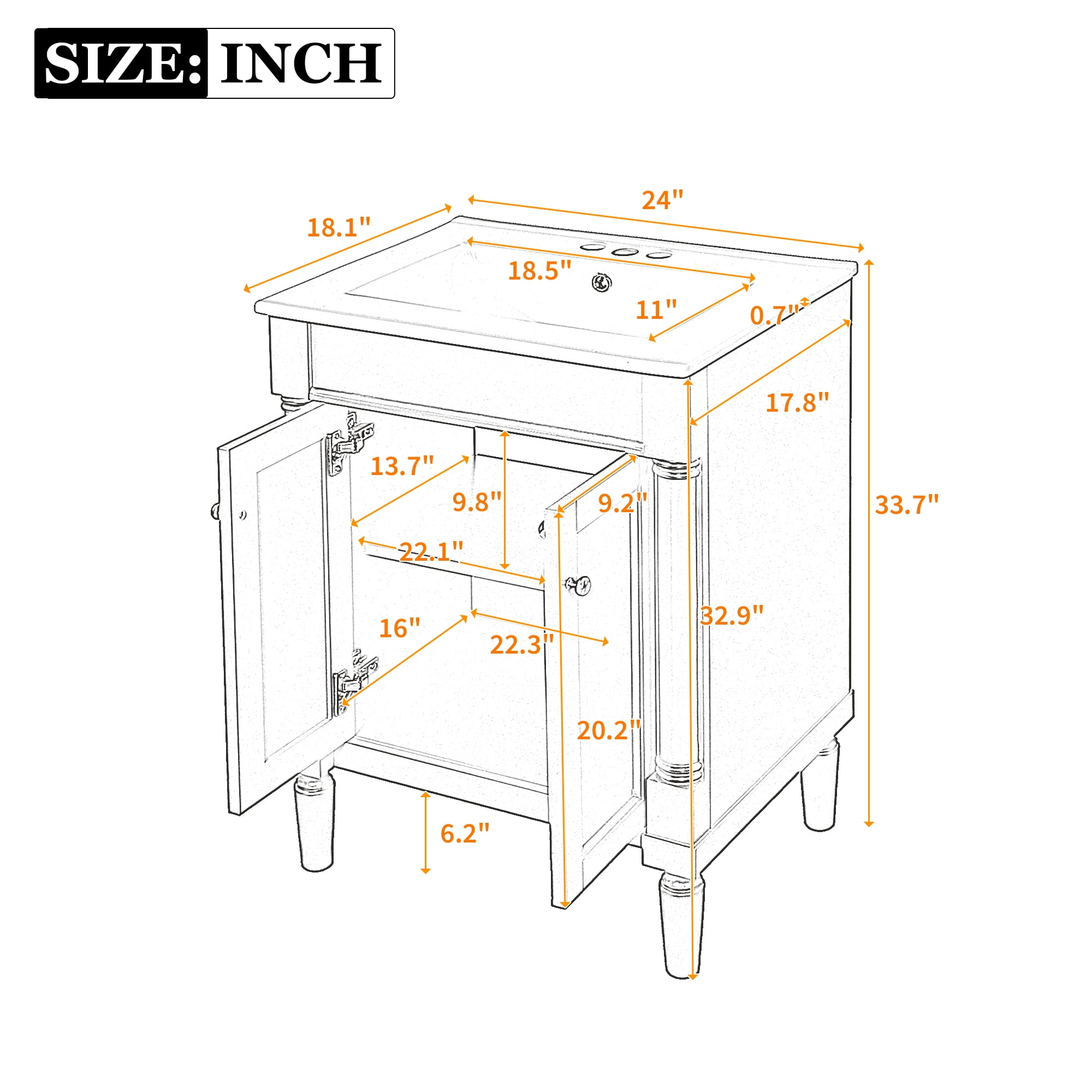 Euroco Modern Bathroom Vanity with Hole Basin, Dual Storage Shelves, and Enclosed Cabinet Design