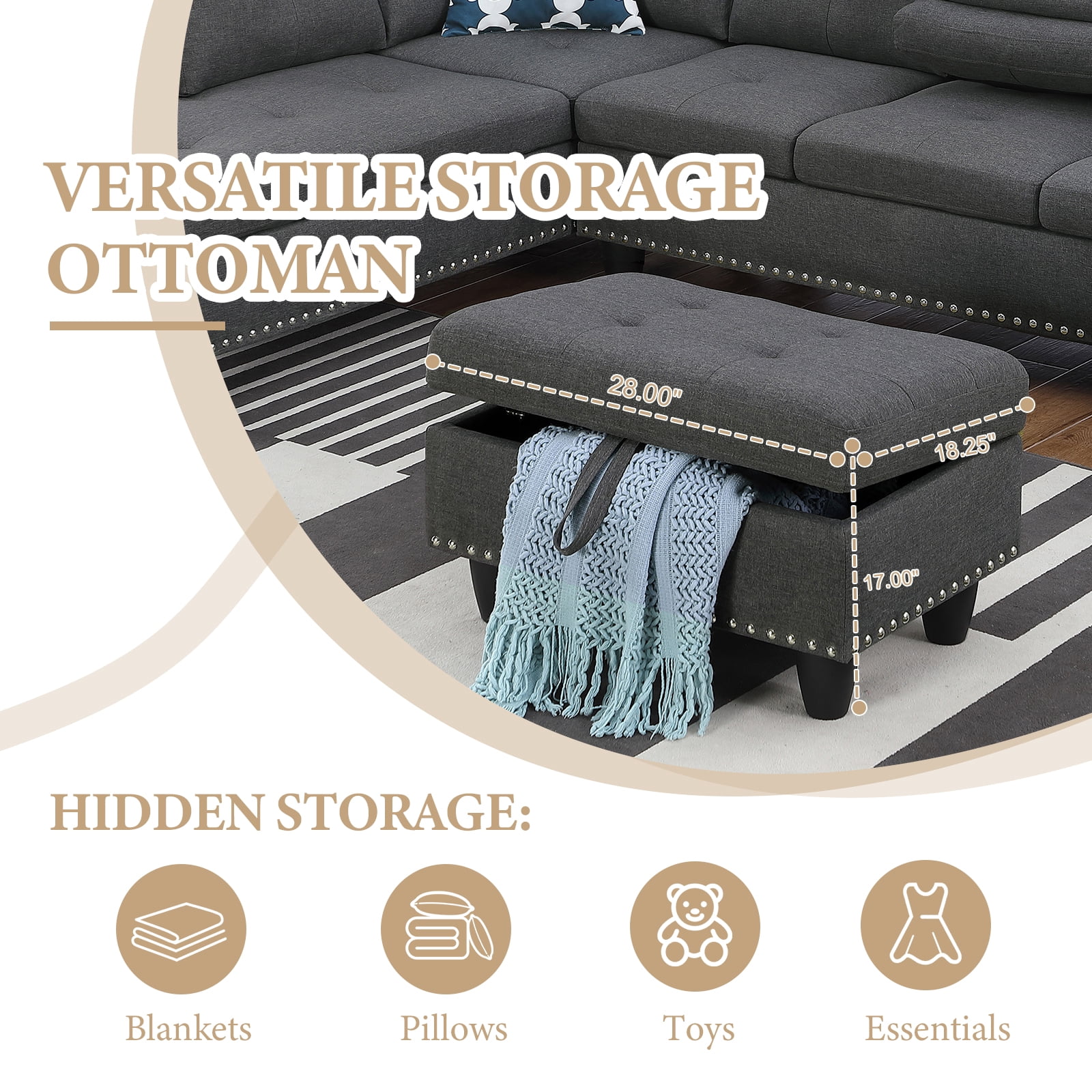 Dreamzie Flippable Backrest Sectional Sofa Set, L-Shaped Linen Modular Sectional Couches for Living Room, Apartment, Storage Ottoman,Dark Gray