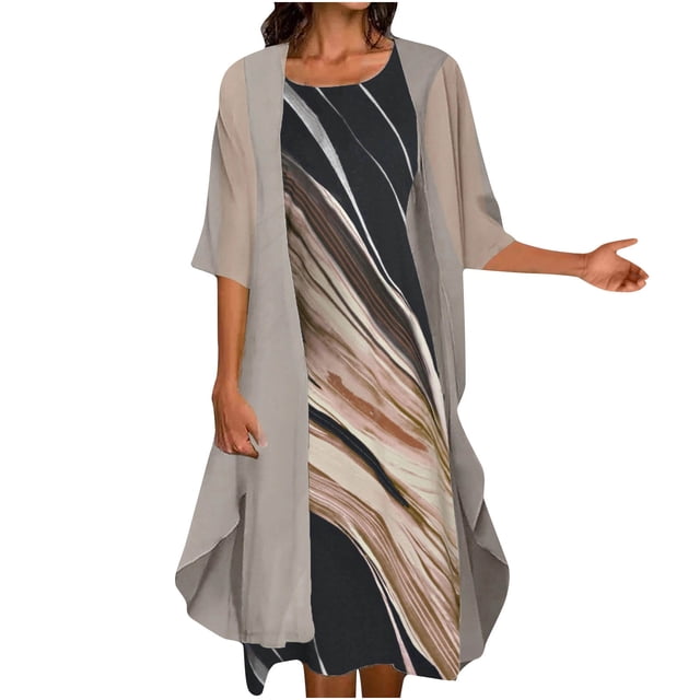 Vestido de dos piezas de manga corta con cuello redondo y estampado casual de moda para mujer Wmkox8yi bvn76