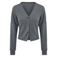 thumbnail image 1 of Cotton Ladies V-neck Fashion Design Loose Solid Color Casual Cardigan, 1 of 5