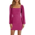 thumbnail image 1 of HAHDAXIA Women's Mesh Long Sleeve Square Neck Ruched Party Club Cocktail Bodycon Mini Dress, 1 of 6