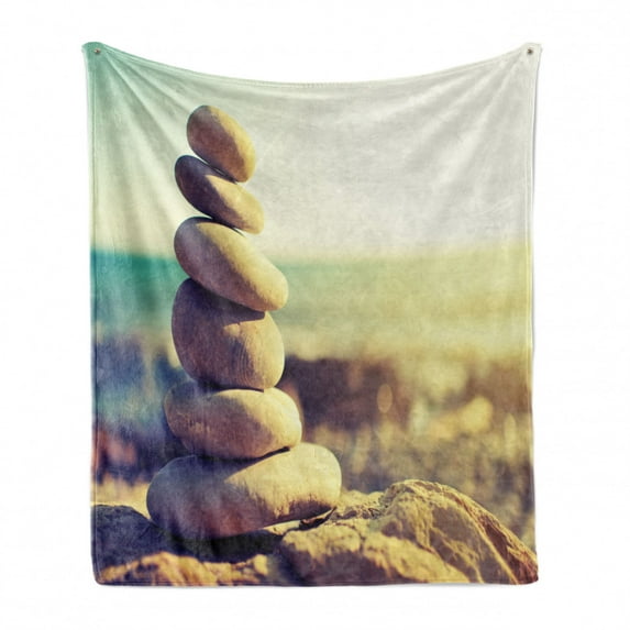 Rock Soft Flannel Fleece Throw Blanket, Concept of Balance and Stillness in Peace Rocks on the Coastal Theme on the Beach, Cozy Plush for Indoor and Outdoor Use, 70" x 90", Multicolor, by Ambesonne