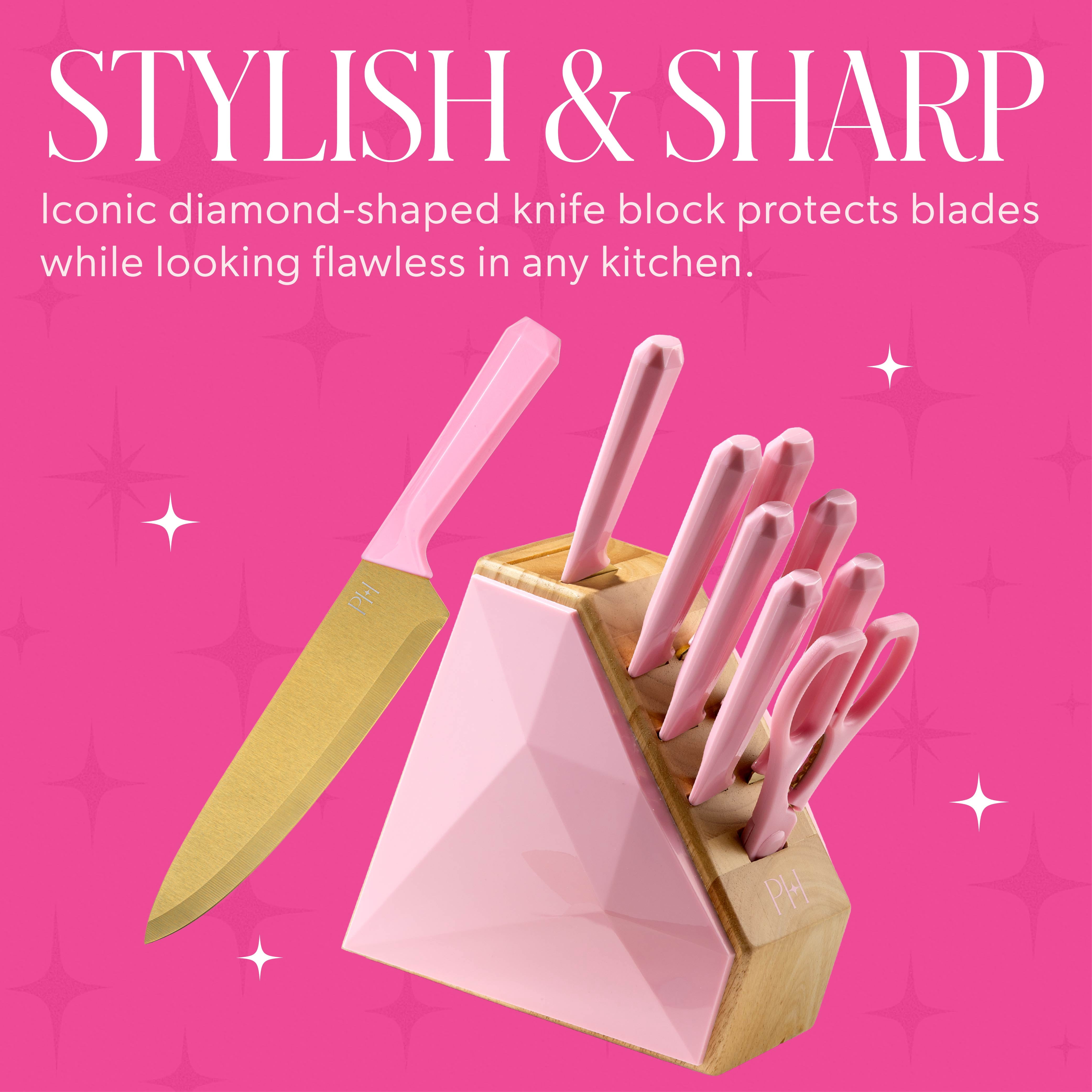 Paris Hilton 10-Piece Cutlery Block Set, Titanium-Coated Stainless Steel Blades, Diamond-Faceted Block, Pink