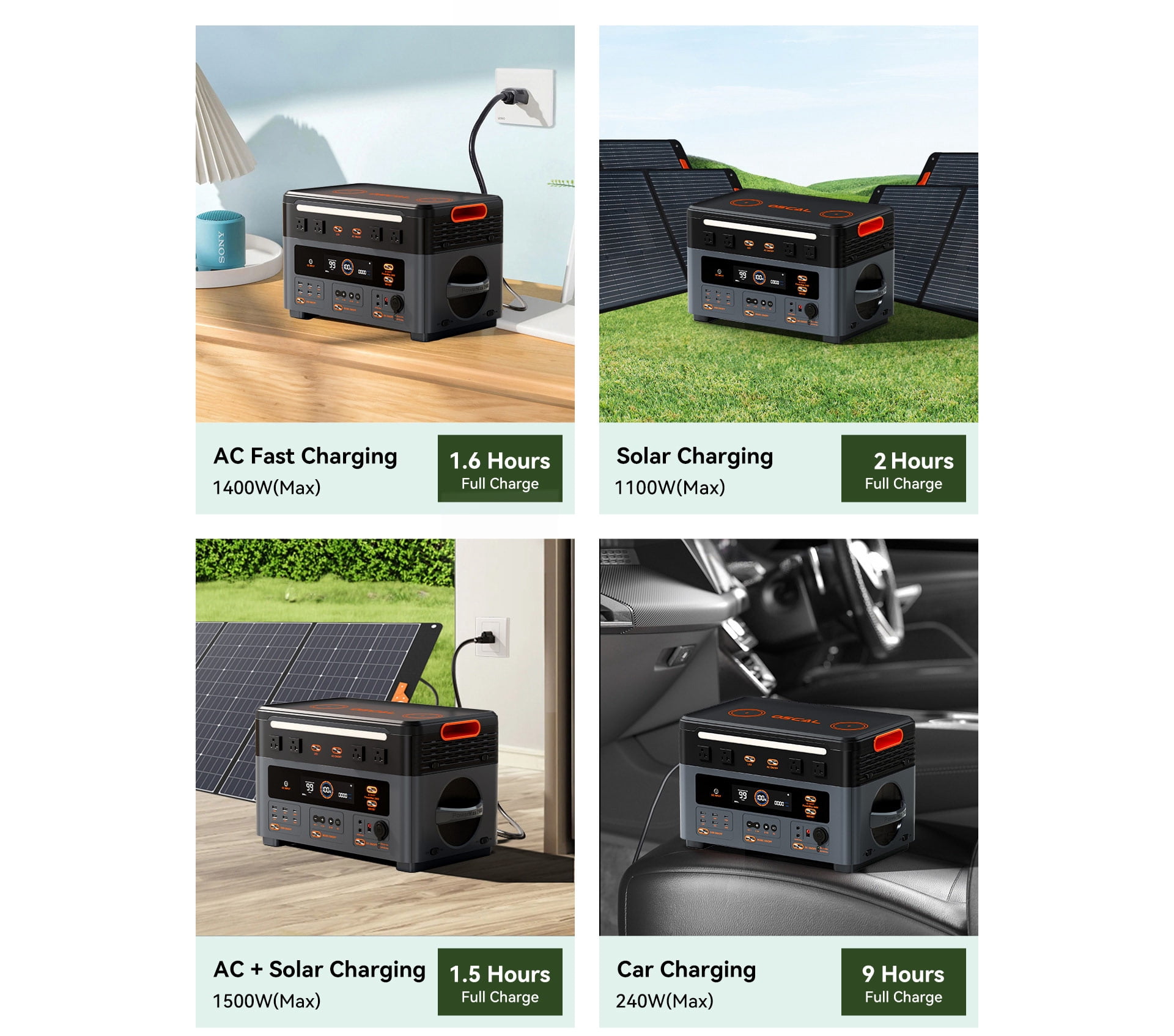 OSCAL Power Station 2400W(4800W Peak) 1872Wh with 1xBP2400 Battery Pack, LiFePO4 Ultra Fast Charging, with HD Stereo Speakers for Outdoor Camping