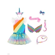 SANMIO 9-Piece Girls Birthday Unicorn Costume Outfit Kids Dress Set Rainbow Striped Ruffled Top, Tulle Puffy Skirt & Unicorn Headband Accessory Set