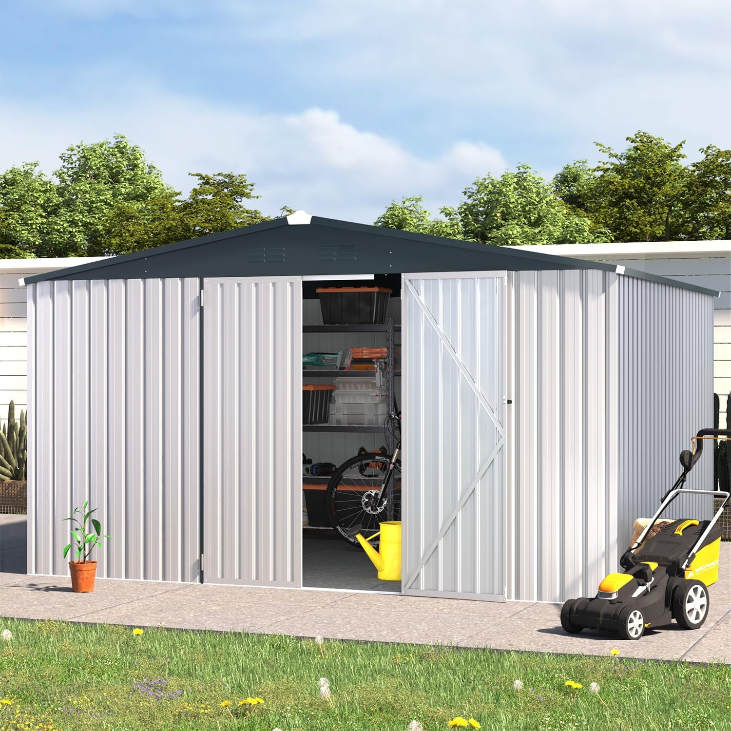 AECOJOY 12' x 10' Outdoor Storage Shed with Lockable Door Patio Metal Garden Storage Building in White for Outside