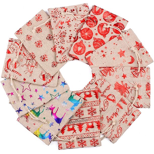 24 pack de bolsas metálicas con cordón navideño, arpillera, bolsa de Navidad bronceante, bolsa de caramelos, bolsa de golosinas, bolsas de golosinas para envolver caramelos, cumpleaños, Navidad, Pa Feliz Sencillez