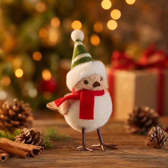 Faux Foam Bird Ornament with Red Scarf and Hat, Adorable Christmas Tree Figurine for Holiday Home Table Decor