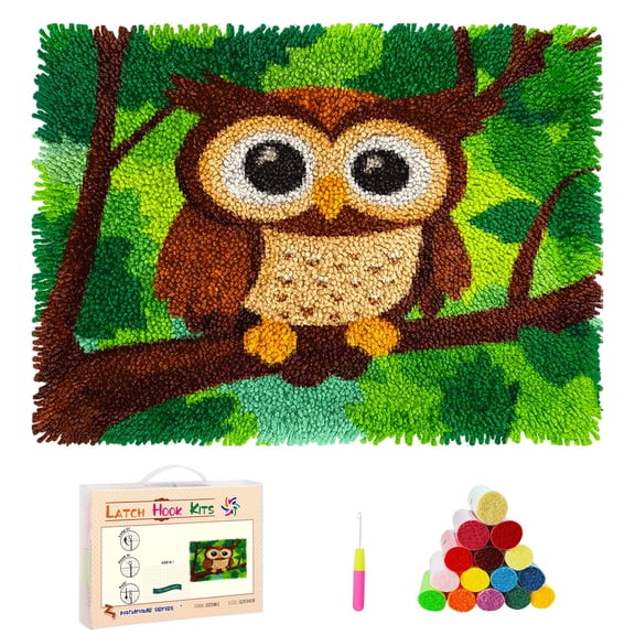 DIY Latch Hook Rug Kits Cartoon Owl on Tree Stamped Non-slip Mat Crocheting Yarn Hook and Latch Emboridery Tapestry for Home Floor Decor and Pet Warm Cushion 52x38cm(5)