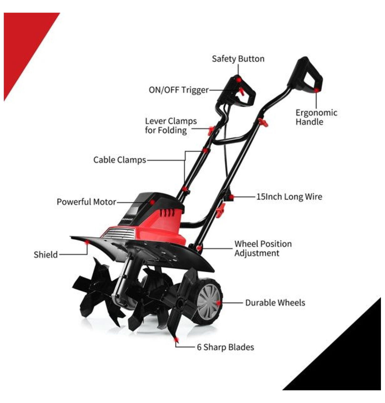 Electric Tiller Cultivator 17 Inch, 13.5 Amp Garden Tiller with 6 Blades