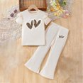 thumbnail image 2 of UngA Girl's 2 Piece Outfits Leopard Print Clothing Set Toddler Kids Cute Heart Graphic Short Sleeve Tee and Flare Bell Bottom Pants 7-8 Years,Beige, 2 of 4
