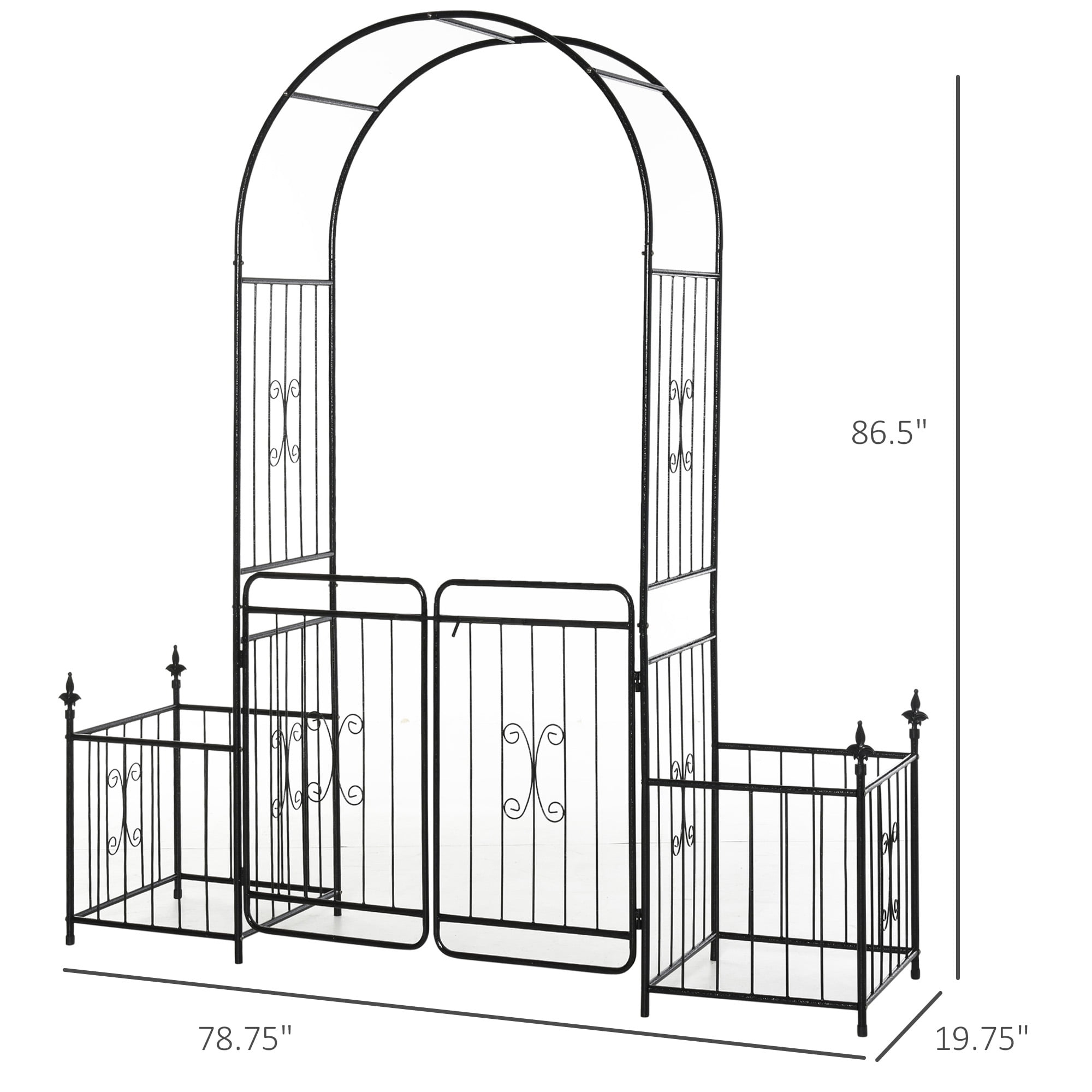 86" Garden Arbor Arch Gate with Trellis Sides for Climbing Plants, Wedding Ceremony Decorations, Grape Vines with Locking Doors, Planter Baskets, Flourishes & Arrow Tips, Black