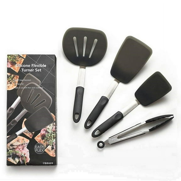 Silicone Turner Spatula Set, Non-Stick Stainless Steel Cooking Utensils for Cooking Flipping Pressing Fish Pancake Eggs Cookies - 4 Pack