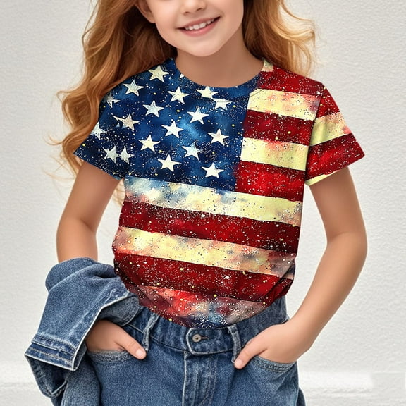 Fatuov Patriotic 4th of July T-Shirt for Boys Independence Day American Flag Print Breathable T-Shirt for Children Summer Short Sleeve Round Neck Clothes 4-14 Years