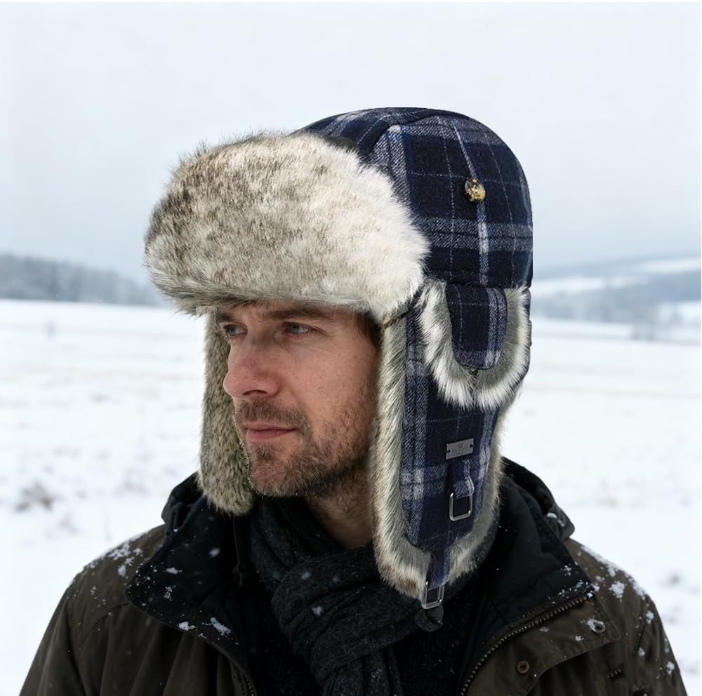 Fur Winter Trapper Hat,Wool Faux Fur Aviator Ski Trapper Trooper Pilot Snow Eskimo Hat with Ear Flaps for Men & Women