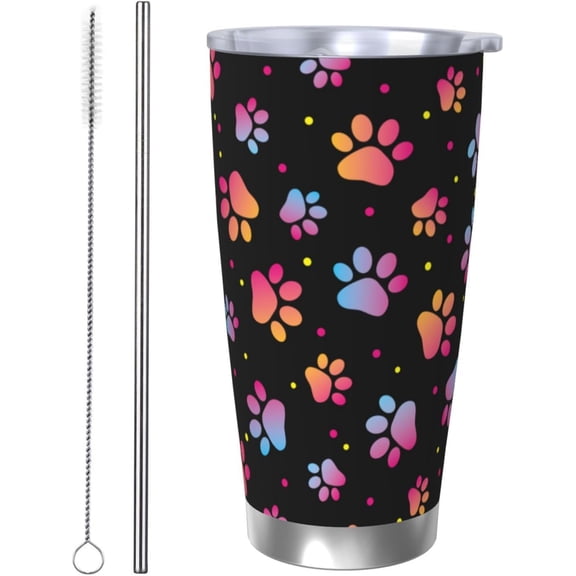 Colorful Paw Tumbler 20oz Dog Paws Stainless Steel Insulated Tumblers with Lid and Straw Animal Travel Coffee Mug Tea Wine Cups Water Bottle Gifts for Women Dog Lovers