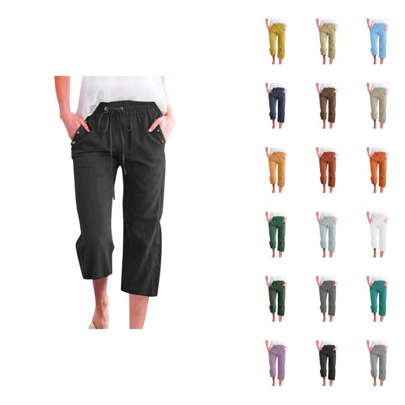 Cotton Linen Capri Pants for Women Relaxed Fit Elastic Waist Straight Leg Cropped Pants with Pockets Womens Capris
