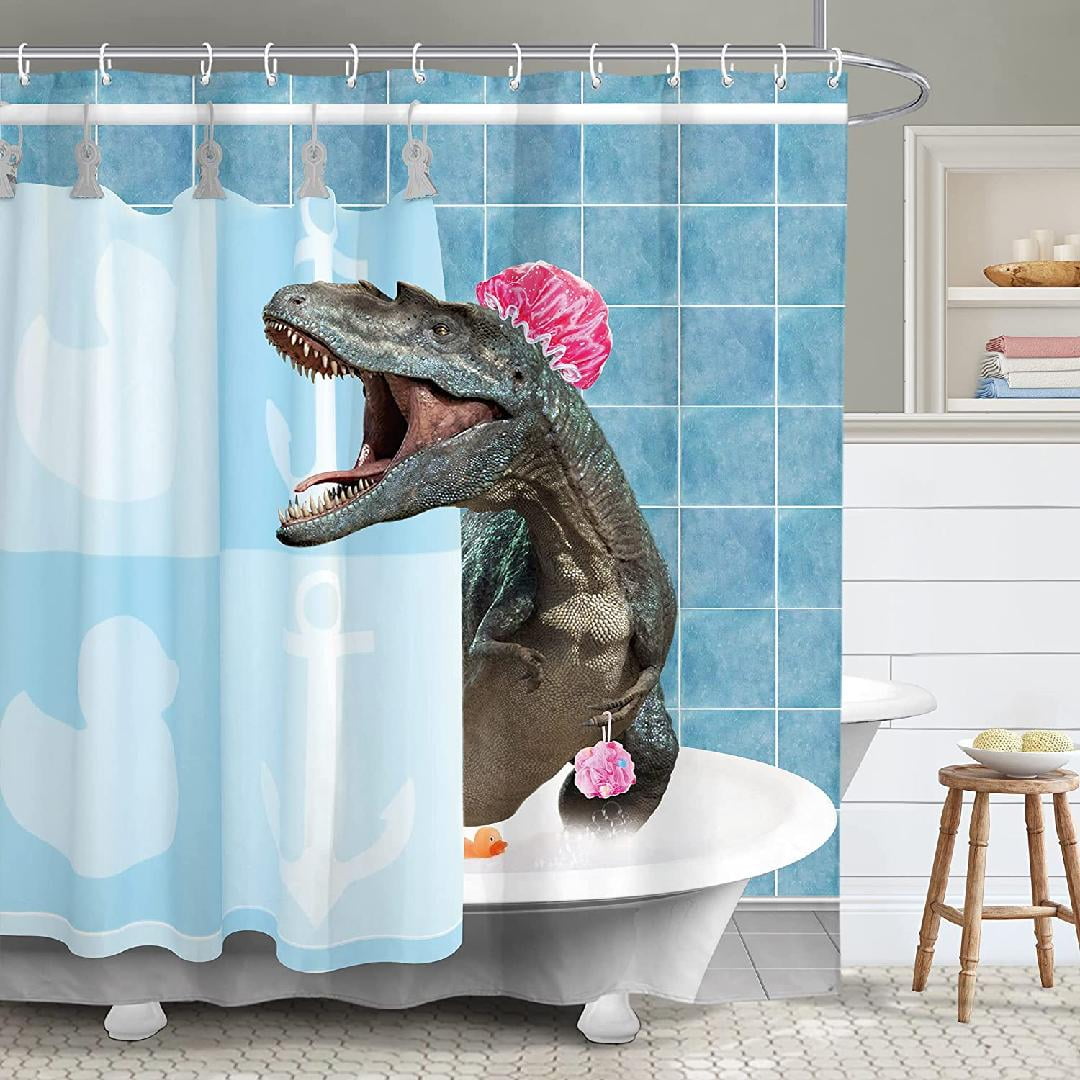Funny Dinosaur Raptor Kids Bathroom Shower Curtain Hilarious Dino Blue
