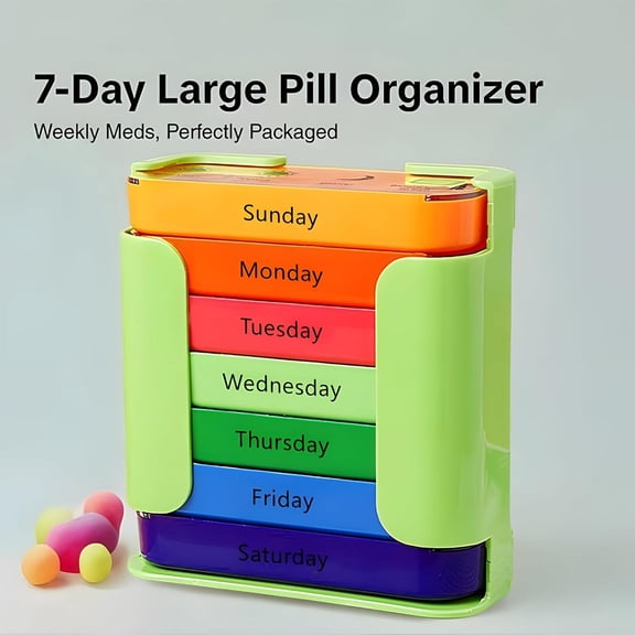 Weekly 7-Day Pill Organizer, Large Weekly Medication Organizer with 4 Times a Day Compartments, Stackable Vitamin Organizer for Supplements (Green)