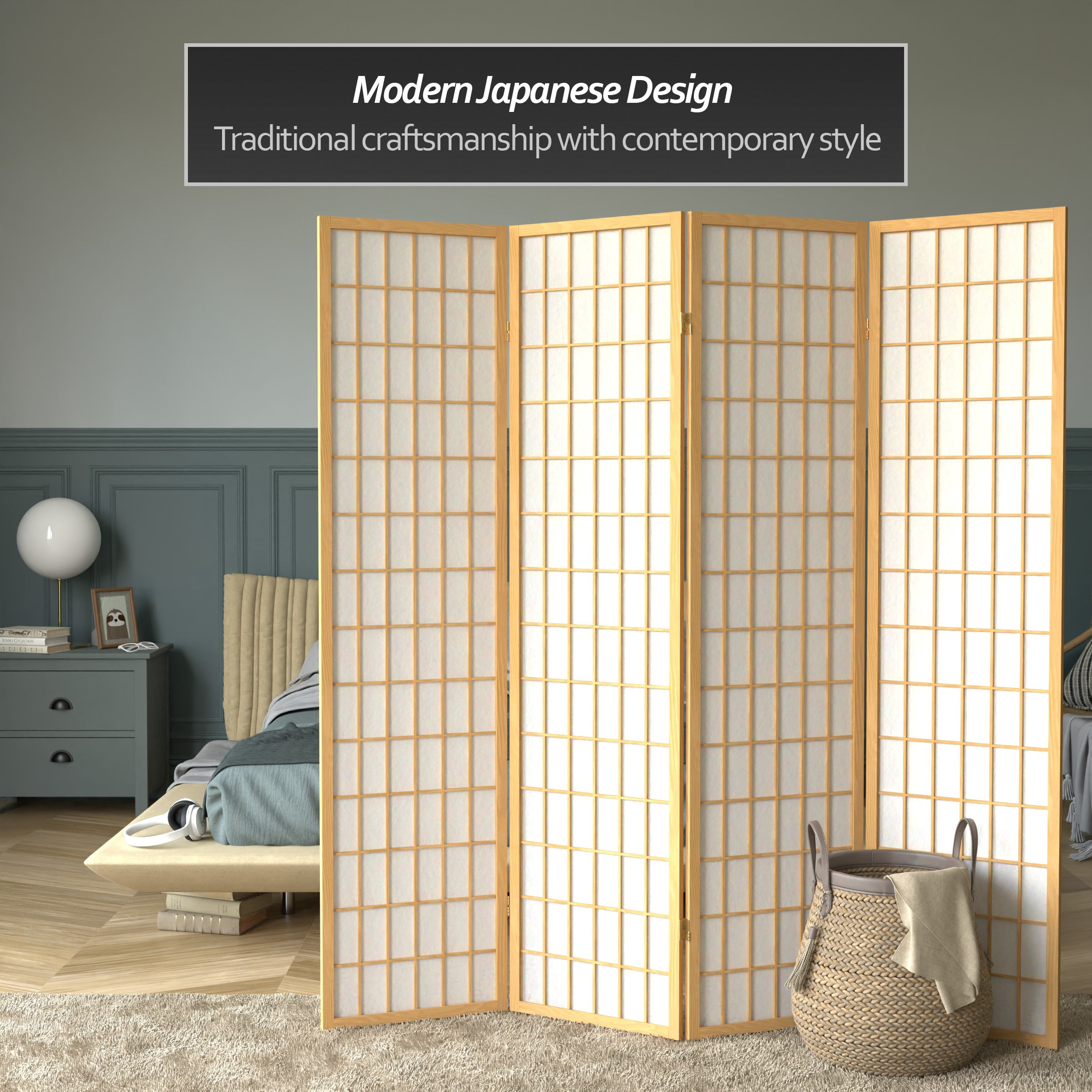 6 ft. Tall Window Pane Shoji Screen - Natural - 4 Panels