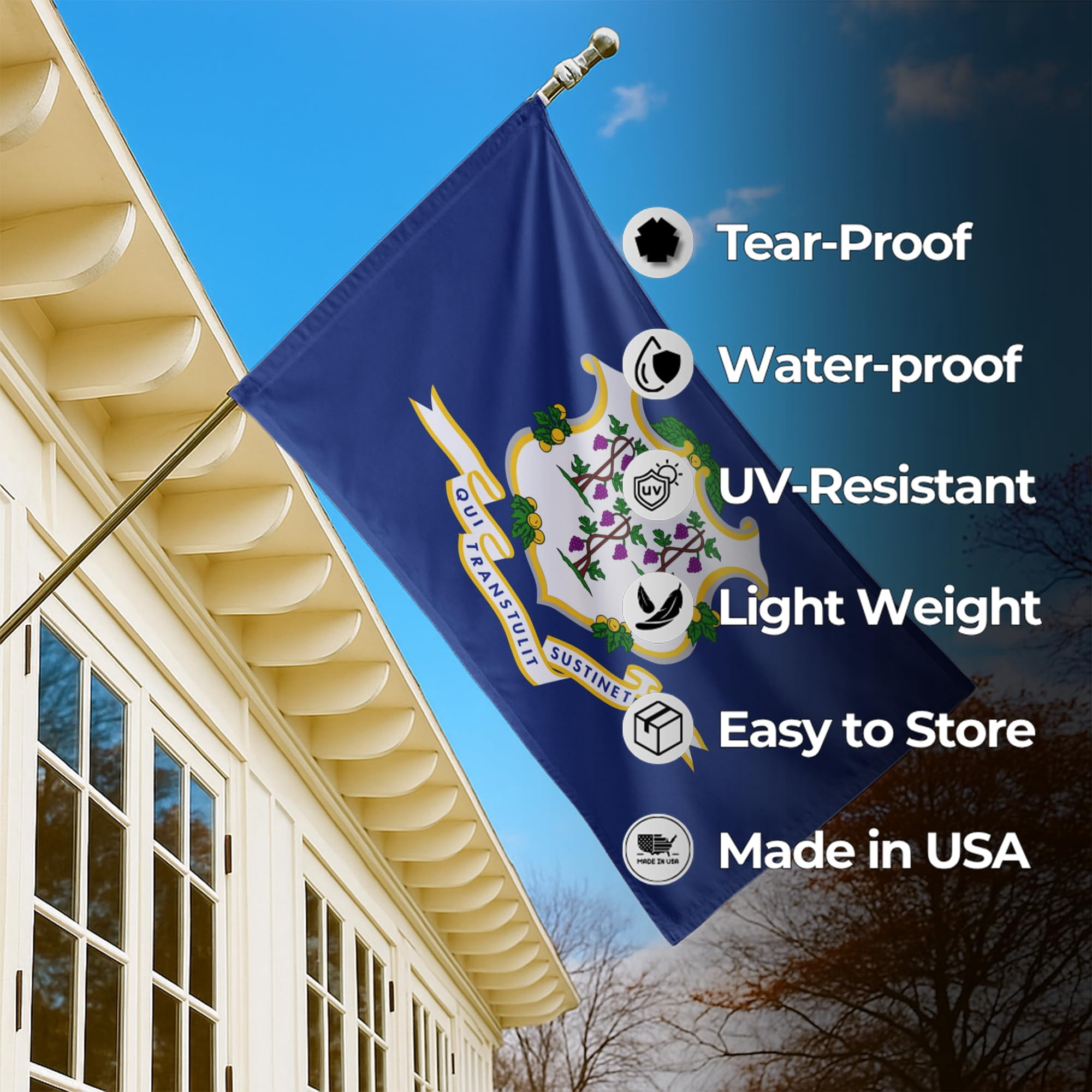 Connecticut Outdoor Flag (5x8ft) by DreamController - Durable, Fade-Resistant Polyester, Double-Stitched, Brass Grommets - HD Printed USA State Flag - Made in USA