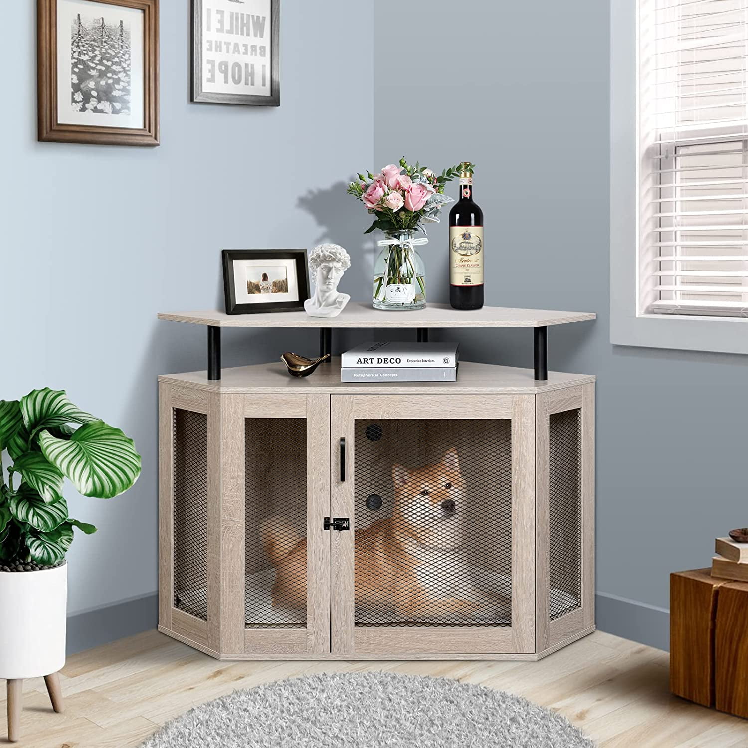 Kfvigoho Corner Dog Crate with Cushion, Dog House, Dog Crate Indoor Use, Modern Dog Kennel with