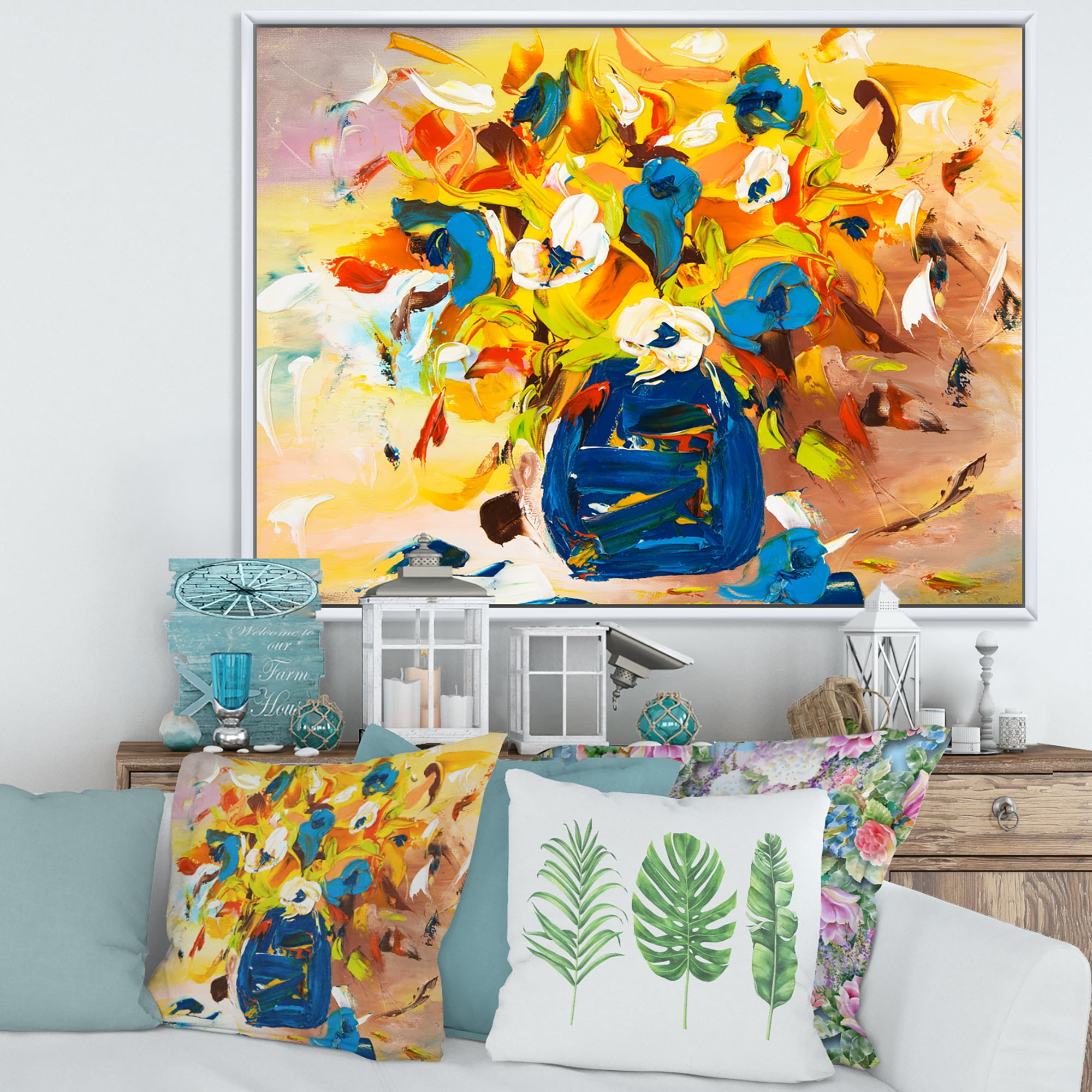 A VIbrant Flower Bouquet In Blue and Yellow 40 in x 30 in Framed Painting Canvas Art Print, by Designart