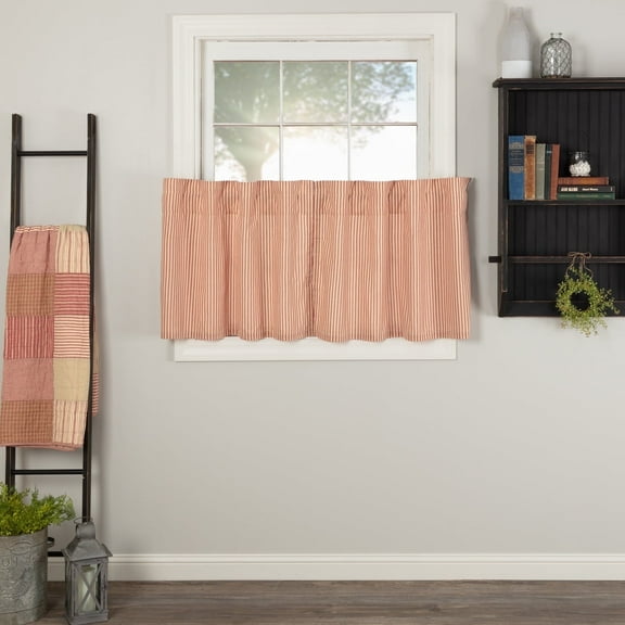 VHC Brands Sawyer Mill Ticking Striped Cotton Farmhouse Kitchen Curtains-Rod Pocket Hanging Loops 24x36 Tier Pair, Red