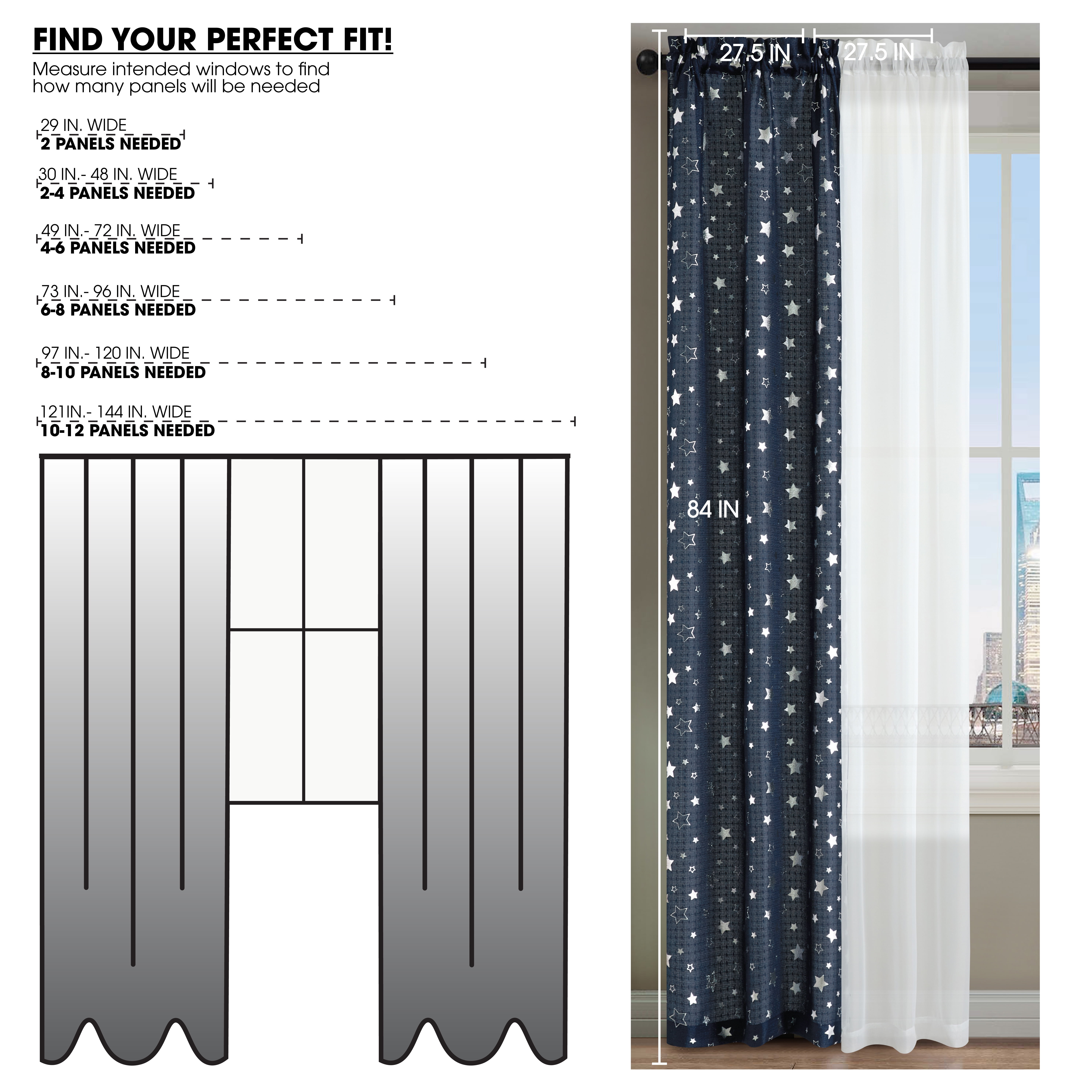 Your Zone Curtain and Sheers Panel Set, 4-Piece, Foil Stars Navy, 27.5" W x 54" L