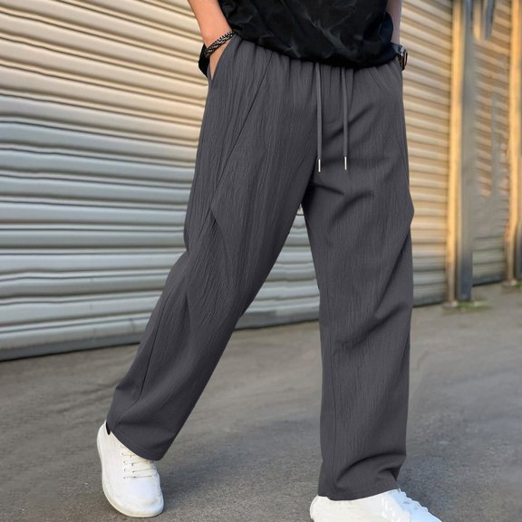 Aimik Men's Textured Straight Pants Pleated Loose Fit Drawstring Trousers Lightweight Soft Streetwear Bottoms for Daily Commute