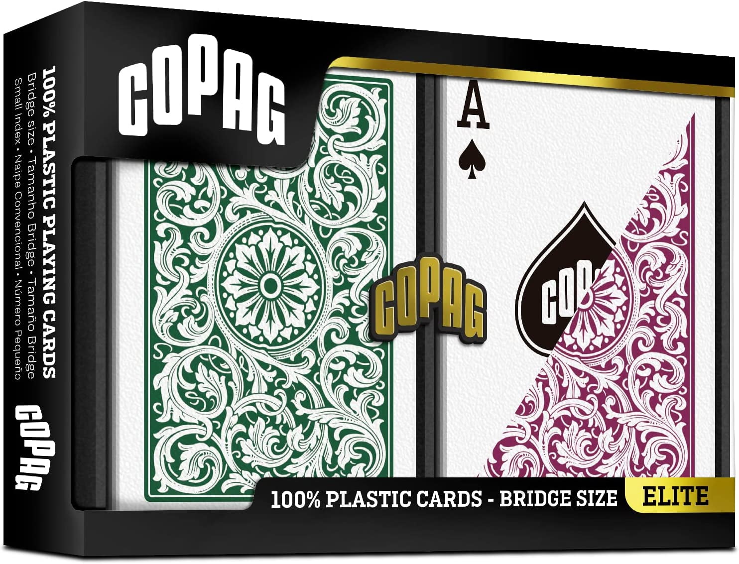 Copag 1546 Design 100% Plastic Playing Cards, Bridge Size Green/Burgundy (Standard Index, 1 Set)