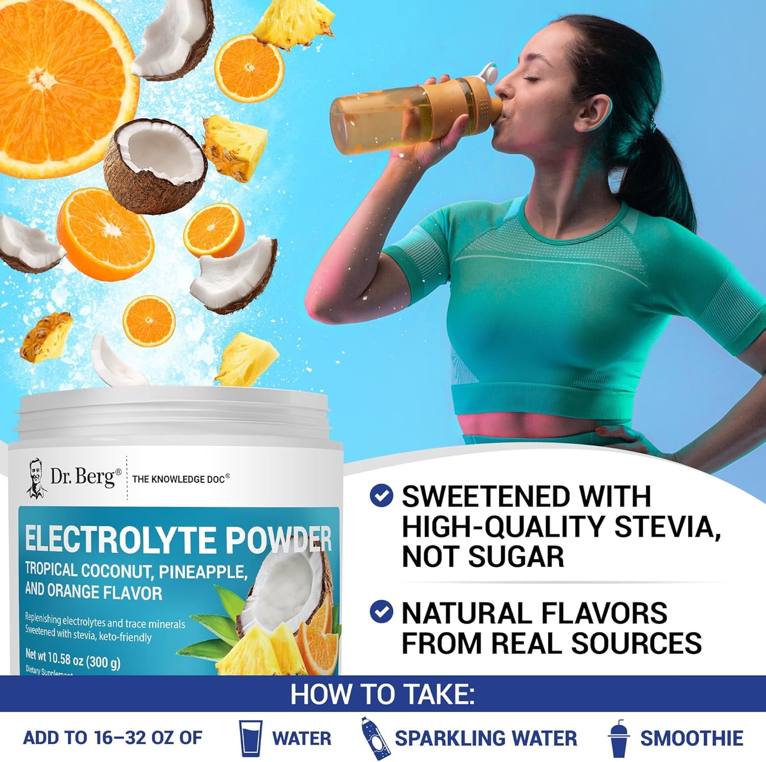 Dr. Berg Electrolyte Powder - Tropical Coconut, Pineapple & Orange Hydration Powder, 50 Servings