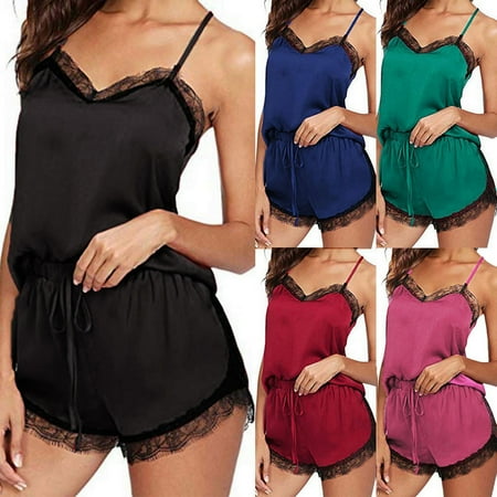 

Women Sleepwear Sleeveless Strap Nightwear Lace Trim Satin Cami Top Pajama Sets Hot Pink
