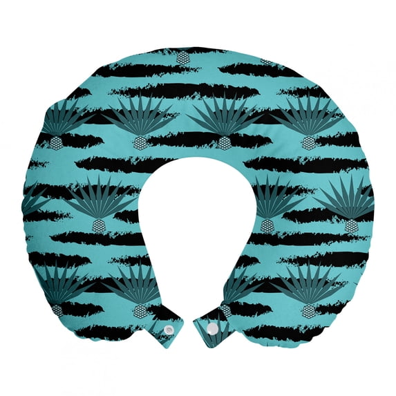 Exotic Travel Pillow Neck Rest, Rhythmic Abstract Tropical Agave Plant Sketch Motifs Illustration Print, Memory Foam Traveling Accessory Airplane and Car, 12", Seafoam Charcoal Grey, by Ambesonne