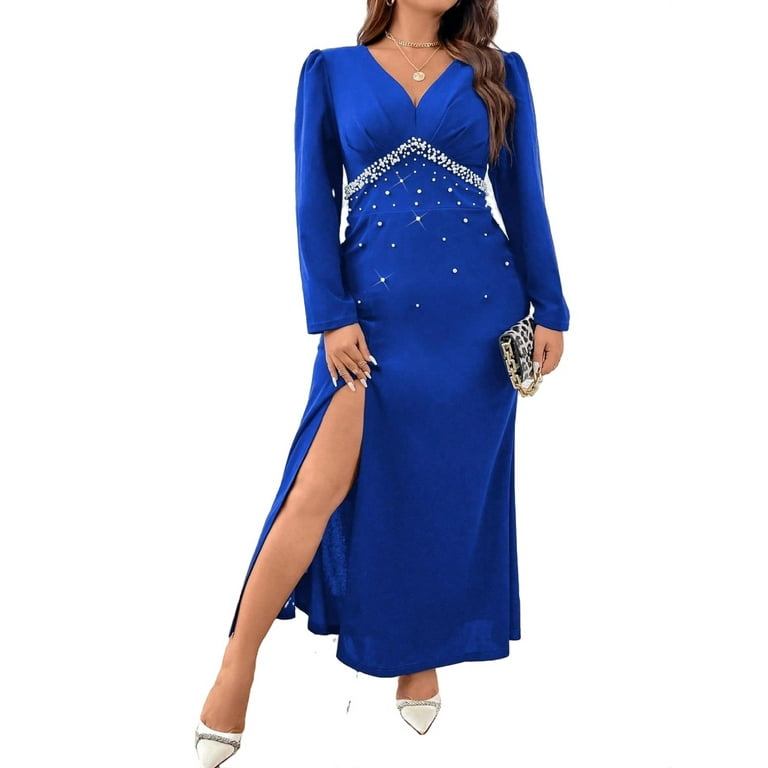 Elegant Plain Fitted Dress V neck Royal Blue Plus Size Dresses