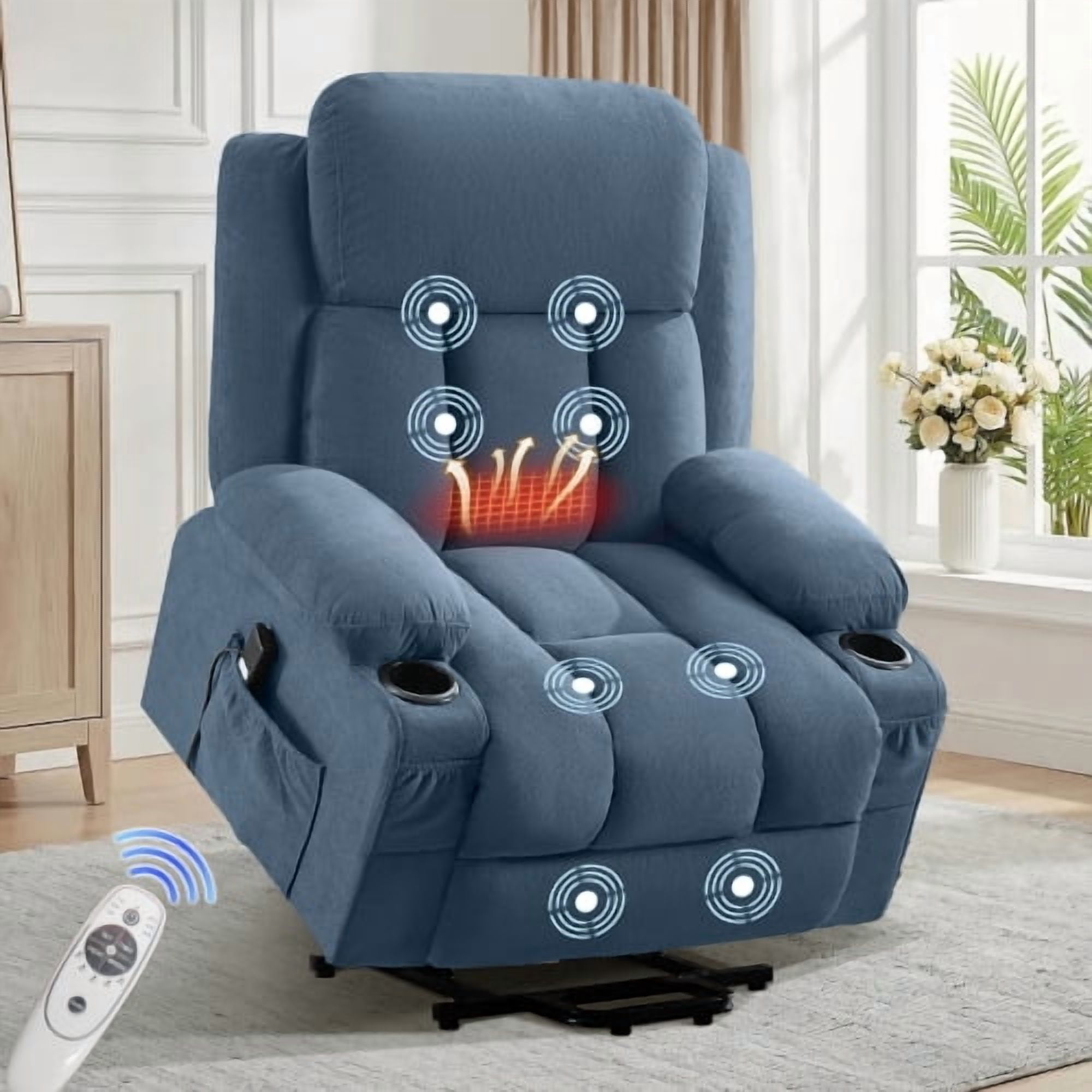 blue Power Lift Recliner Chair with Heat and Massage Electric Fabric Recliner Chair for Elderly with Side Pocket, USB Charge Port, Remote Control