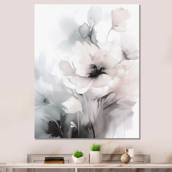 DESIGN ART Designart "Soft Light Grey Flowers I" Floral Canvas Art Print 34 in. wide x 44 in. high