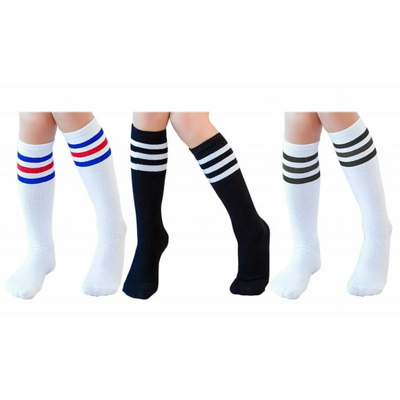 3 Pairs Kids Toddler Soccer Socks Knee High Tube Socks Three Stripes Cotton Cute Sport Stocking for Boys Girls