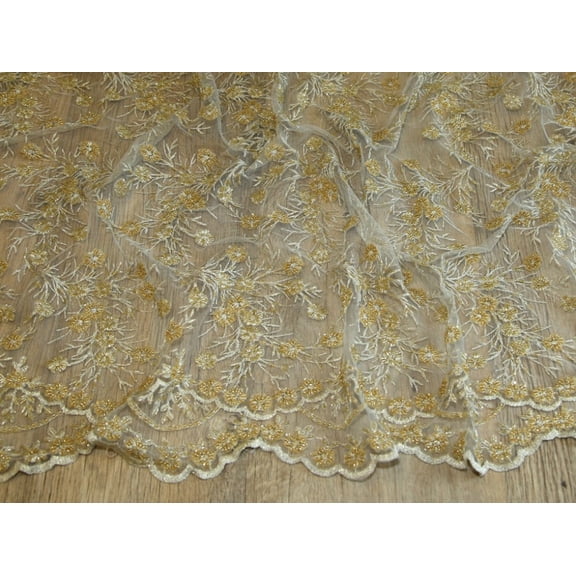 Beaded Scalloped Edge Couture Bridal Lace Dress Fabric Gold - per yard
