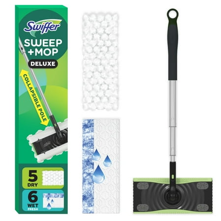 Swiffer Sweep and Mop Deluxe 2-in-1 Floor Mopping and Sweeping Kit Includes 1 Sweeper Device 5 Heavy Duty Dry Sweeping Cloths 6 Heavy Duty Wet Mopping Cloths