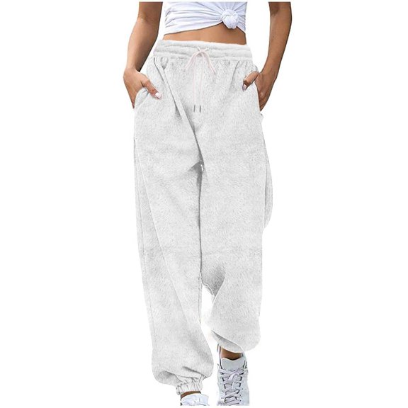 Women Fleece Sweatpants Fuzzy High Waisted Drawstring Baggy Pant Solid Joggers with Pockets Pants Fall Winter