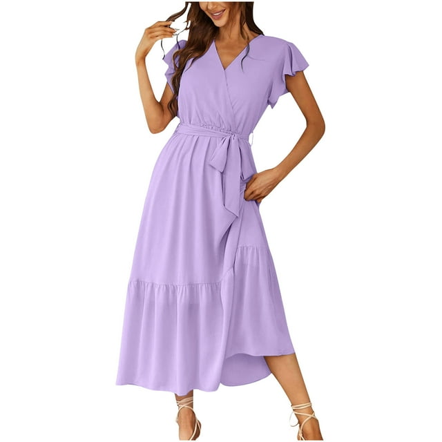 Staron Robes d'Été pour Femmes Violettes en Liquidation à Moins de 10 $ Robes Portefeuille Col en V Robes Fluides à Étages Boho Robe de Plage à Nouer à la Taille Ligne A à Volants Manches Courtes Décontractée Robe d'Été